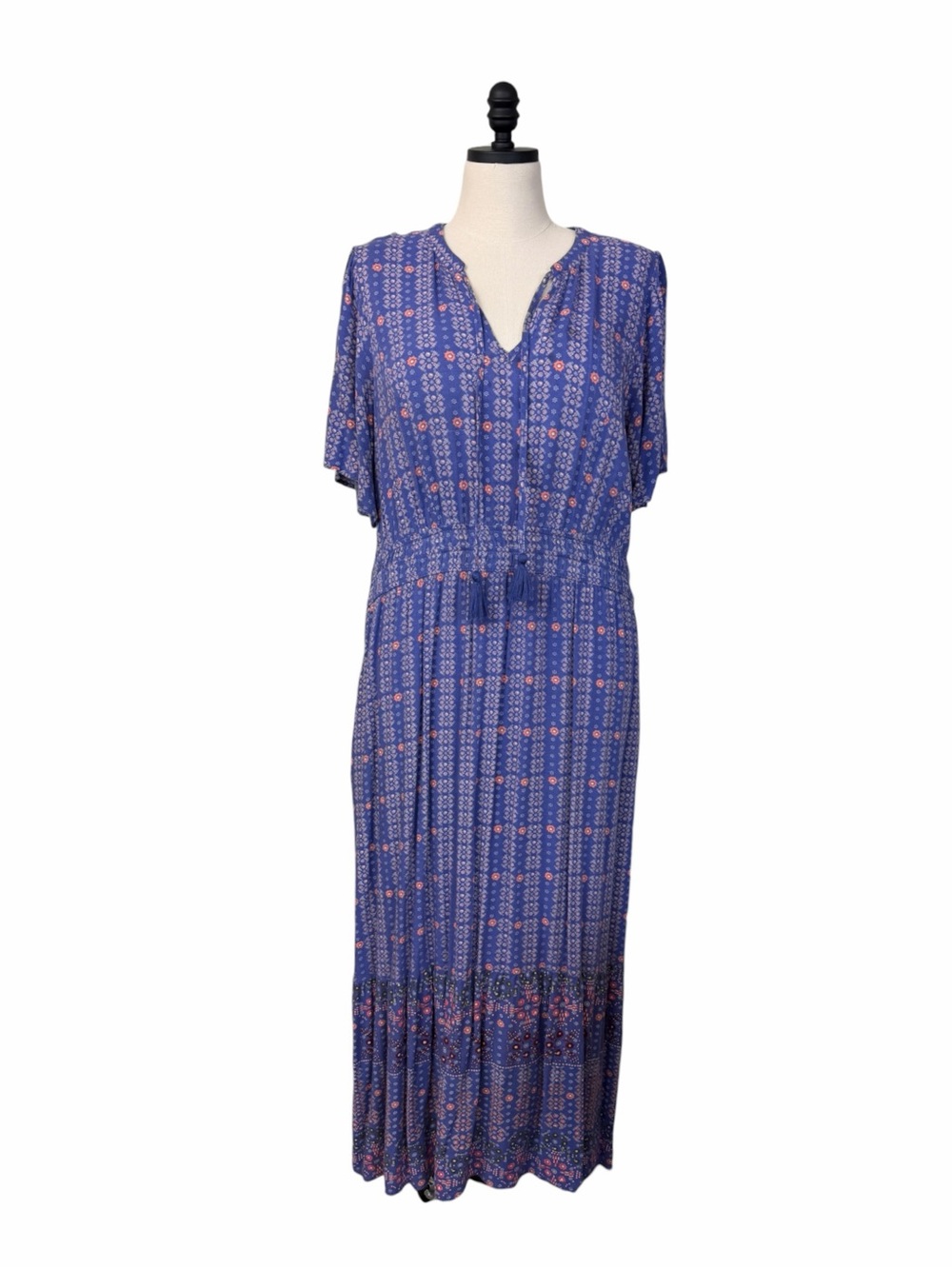 Knox Rose Maxi Dress XXL Blue Floral Tassel Tie Tiered Flutter Sleeve Cottage